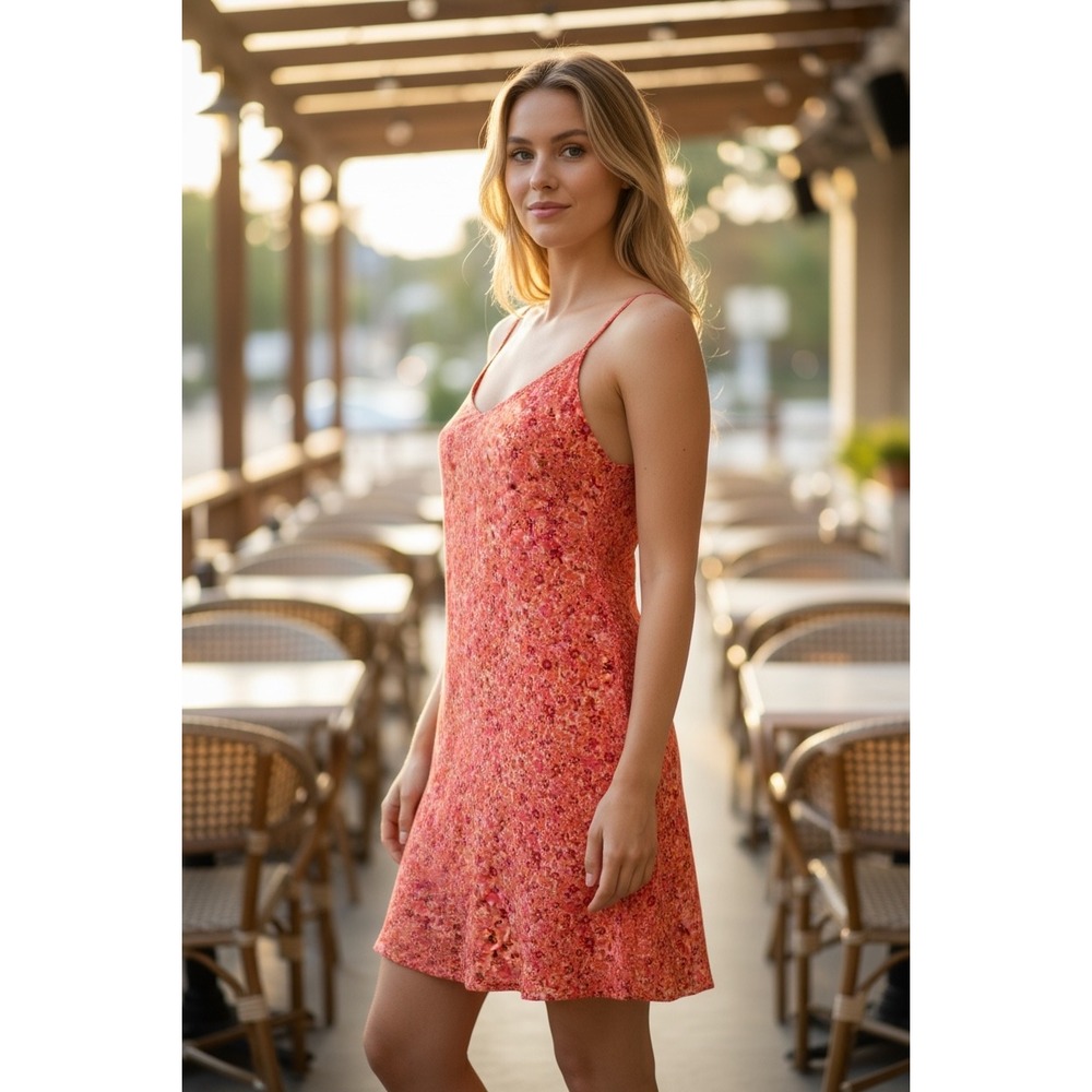 Vintage 90s Y2k Jodi Michaels Floral Print Sundress Halter Size 11 12 Orange